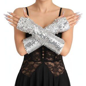 Sparkly Sequin Long Fingerless Rave Gloves for Women Girls Costume Accessory